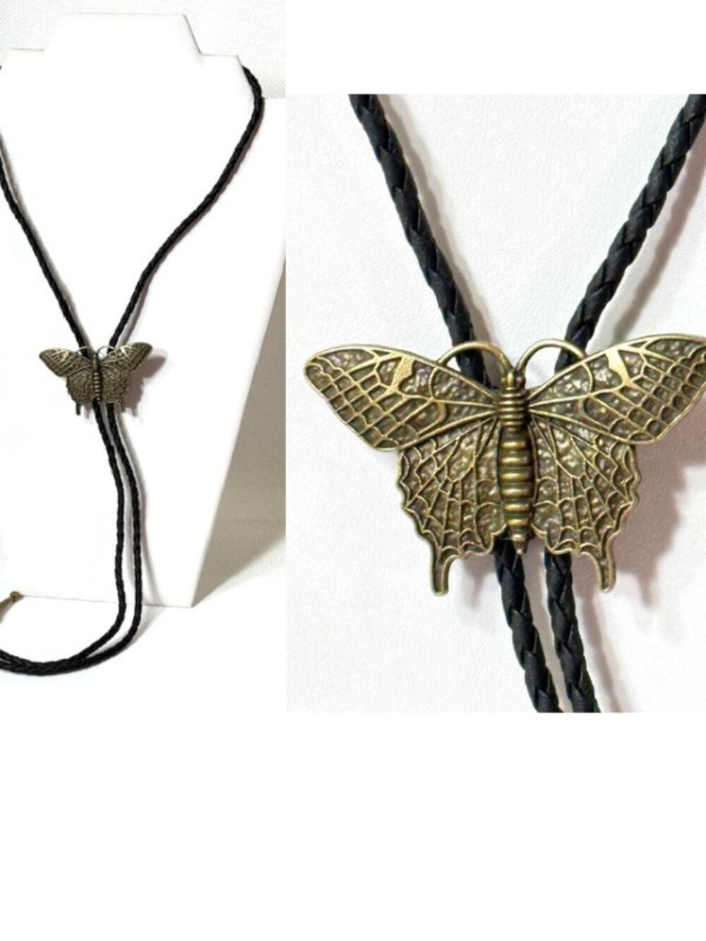 Gold-tone butterfly and black cord western cowboy/cowgirl bolo tie.